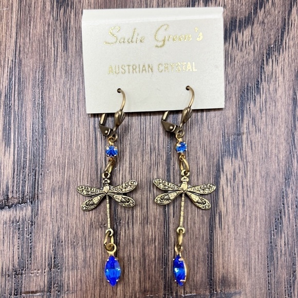 Blue Austrian Crystal Dragonfly Earrings. Brass Findings Dangling Earrings Blue - Picture 2 of 11